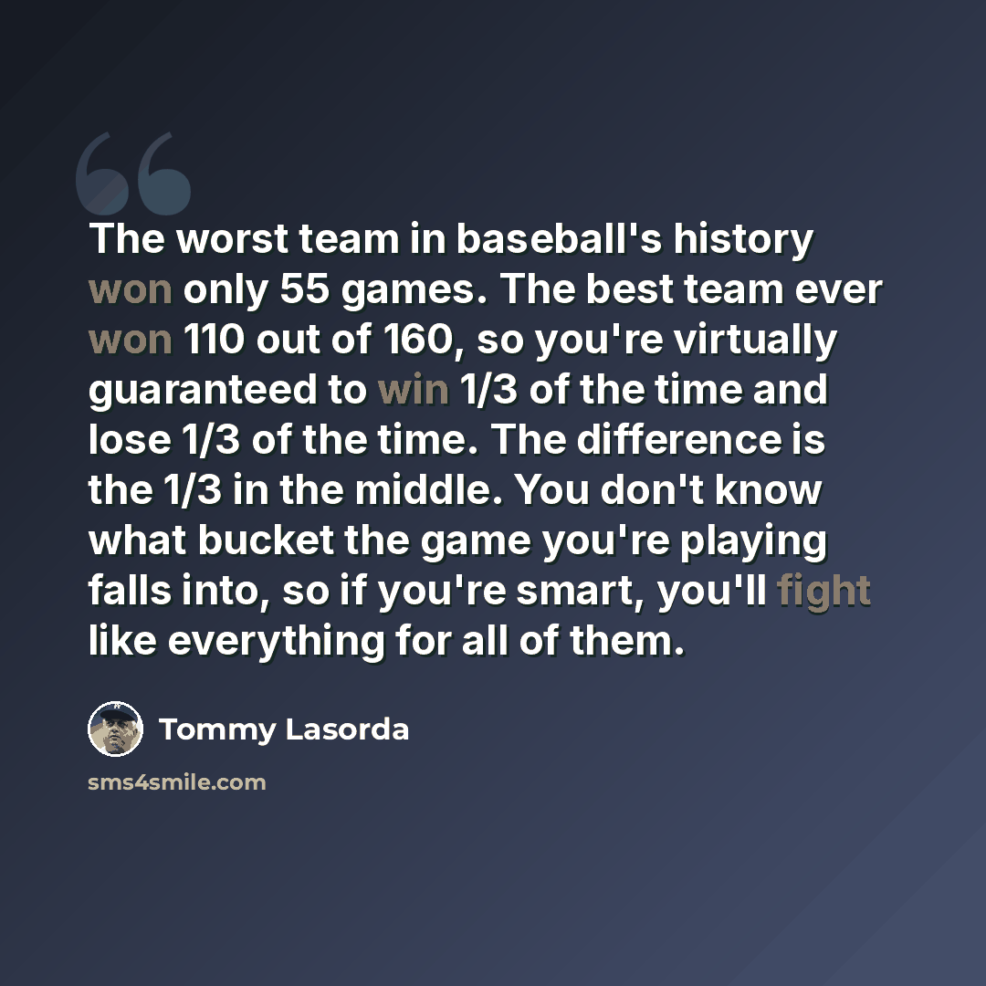 “The worst team in baseball's history won only 55 games. The best team ever won 110 out of 160, so you're virtually guaranteed to win 1/3 of the time and lose 1/3 of the time. The difference is the 1/3 in the middle. You don't know what bucket the game you're playing falls into, so if you're smart…” quote by Tommy Lasorda