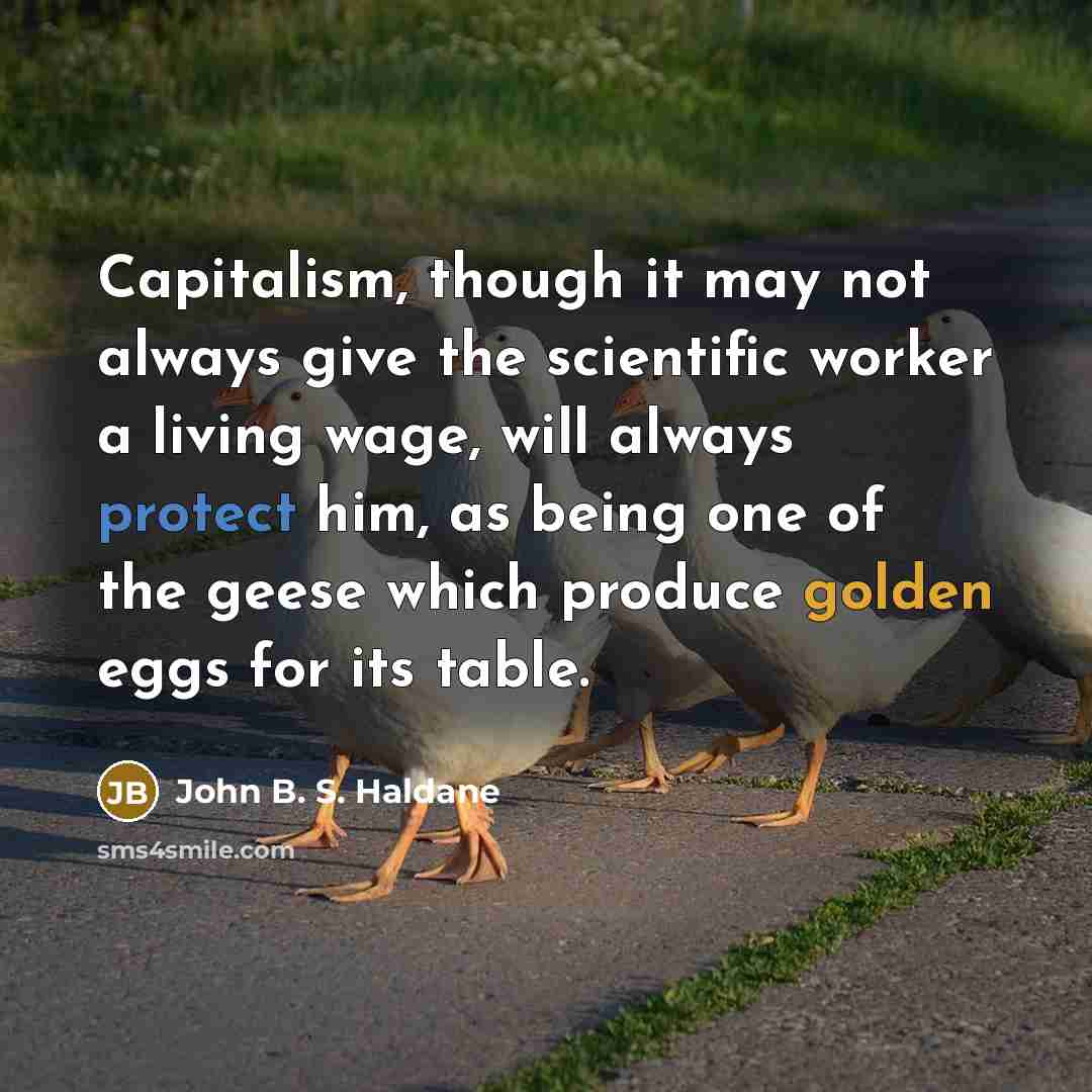 “Capitalism, though it may not always give the scientific worker a living wage, will always protect him, as being one of the geese which produce golden eggs for its table.” quote by John B. S. Haldane