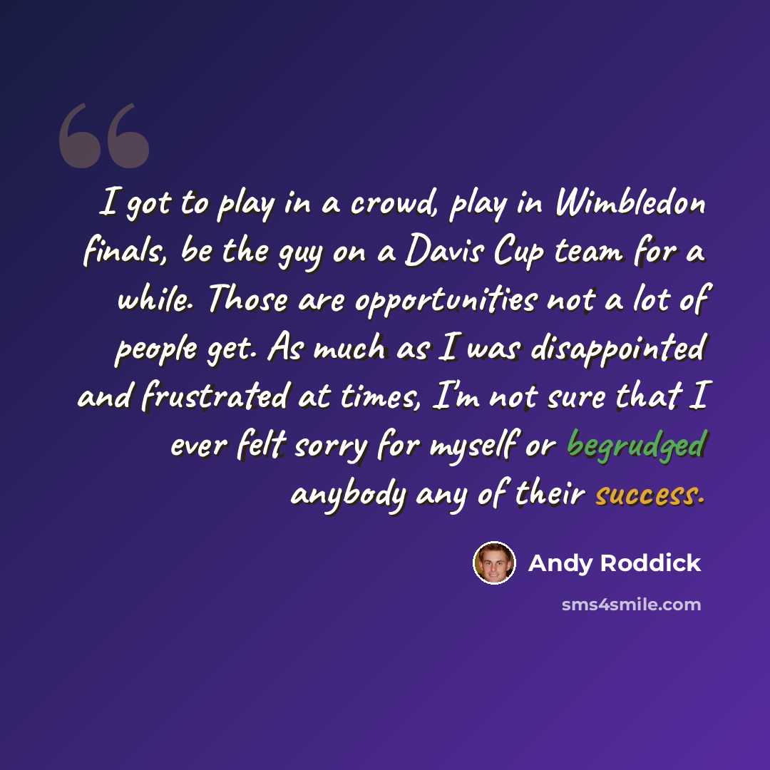“I got to play in a crowd, play in Wimbledon finals, be the guy on a Davis Cup team for a while. Those are opportunities not a lot of people get. As much as I was disappointed and frustrated at times, I'm not sure that I ever felt sorry for myself or begrudged anybody any of their success.” quote by Andy Roddick