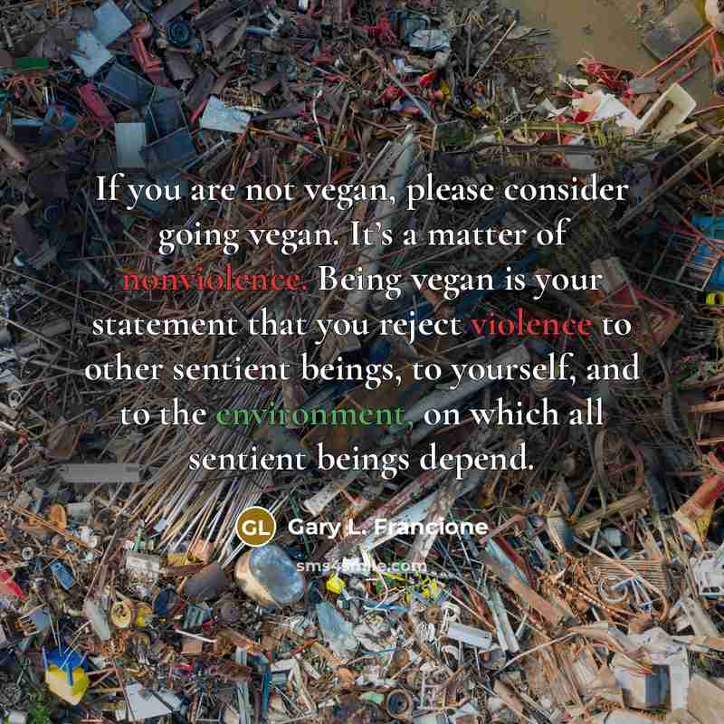 “If you are not vegan, please consider going vegan. It’s a matter of nonviolence. Being vegan is your statement that you reject violence to other sentient beings, to yourself, and to the environment, on which all sentient beings depend.” quote by Gary L. Francione
