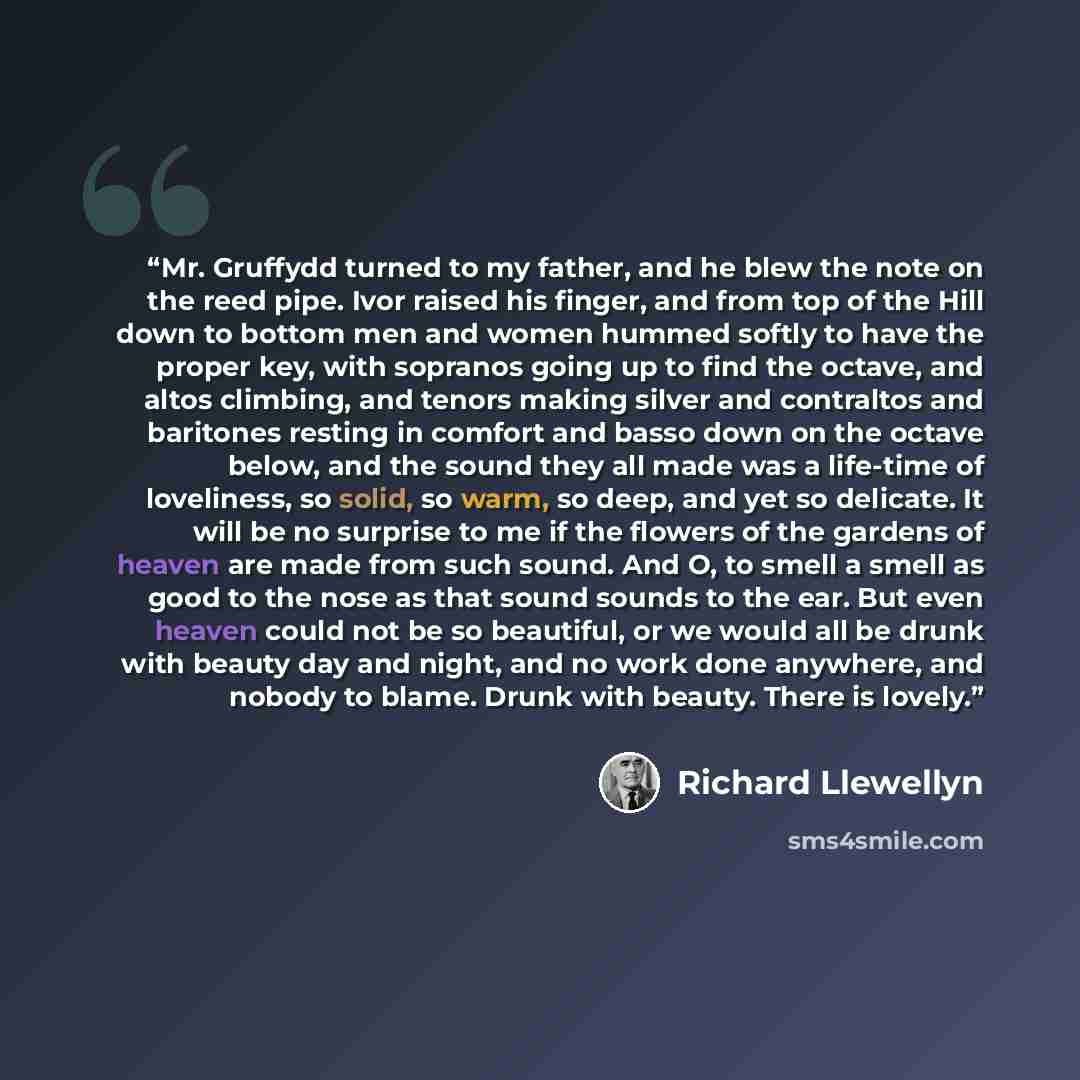 “Mr. Gruffydd turned to my father, and he blew the note on the reed pipe. Ivor raised his finger, and from top of the Hill down to bottom men and women hummed softly to have the proper key, with sopranos going up to find the octave, and altos climbing, and tenors making silver and contraltos and…” quote by Richard Llewellyn