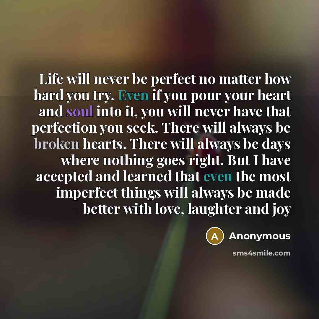 “Life will never be perfect no matter how hard you try. Even if you pour your heart and soul into it, you will never have that perfection you seek. There will always be broken hearts. There will always be days where nothing goes right. But I have accepted and learned that even the most imperfect…” quote by Anonymous