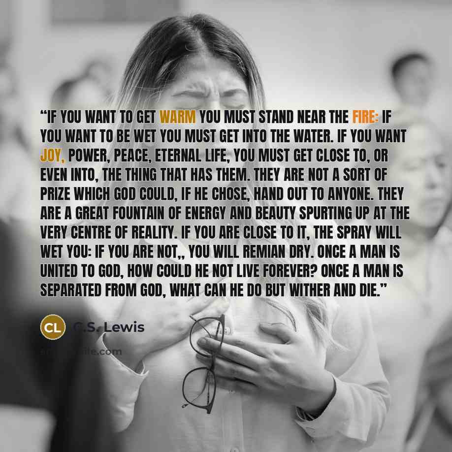“If you want to get warm you must stand near the fire: if you want to be wet you must get into the water. If you want joy, power, peace, eternal life, you must get close to, or even into, the thing that has them. They are not a sort of prize which God could, if He chose, hand out to anyone. They…” quote by C.S. Lewis