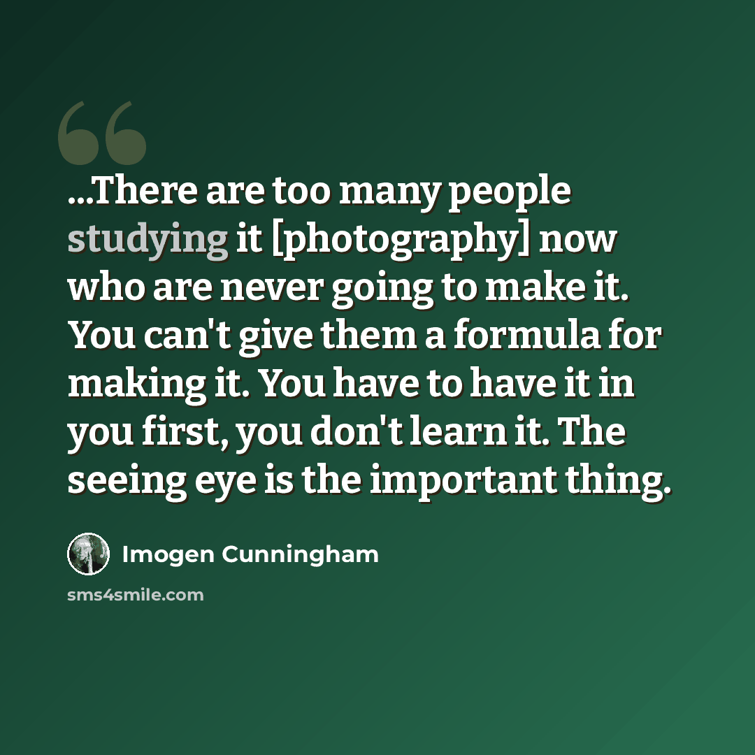 “...There are too many people studying it [photography] now who are never going to make it. You can't give them a formula for making it. You have to have it in you first, you don't learn it. The seeing eye is the important thing.” quote by Imogen Cunningham