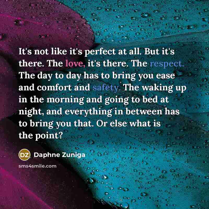 “It's not like it's perfect at all. But it's there. The love, it's there. The respect. The day to day has to bring you ease and comfort and safety. The waking up in the morning and going to bed at night, and everything in between has to bring you that. Or else what is the point?” quote by Daphne Zuniga