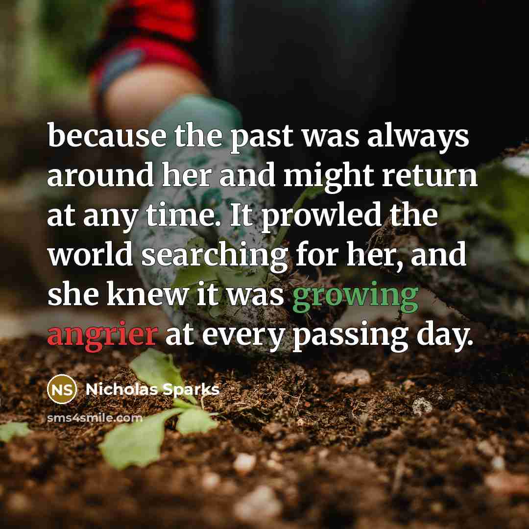 “because the past was always around her and might return at any time. It prowled the world searching for her, and she knew it was growing angrier at every passing day.” quote by Nicholas Sparks
