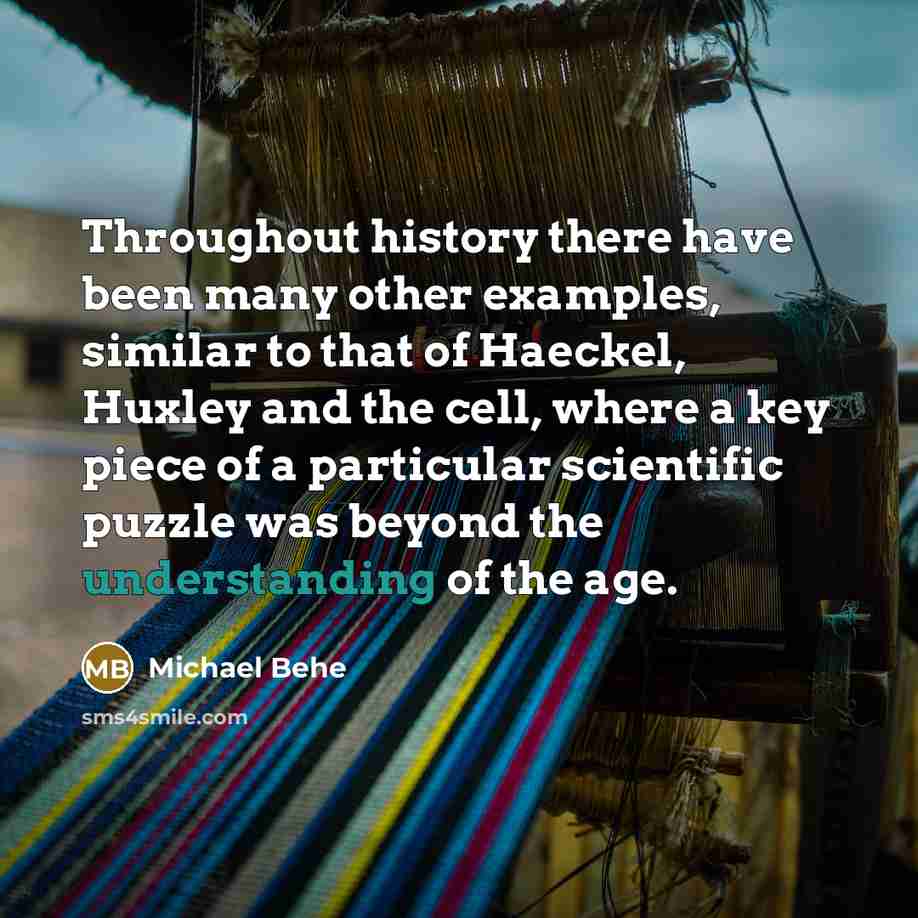 “Throughout history there have been many other examples, similar to that of Haeckel, Huxley and the cell, where a key piece of a particular scientific puzzle was beyond the understanding of the age.” quote by Michael Behe