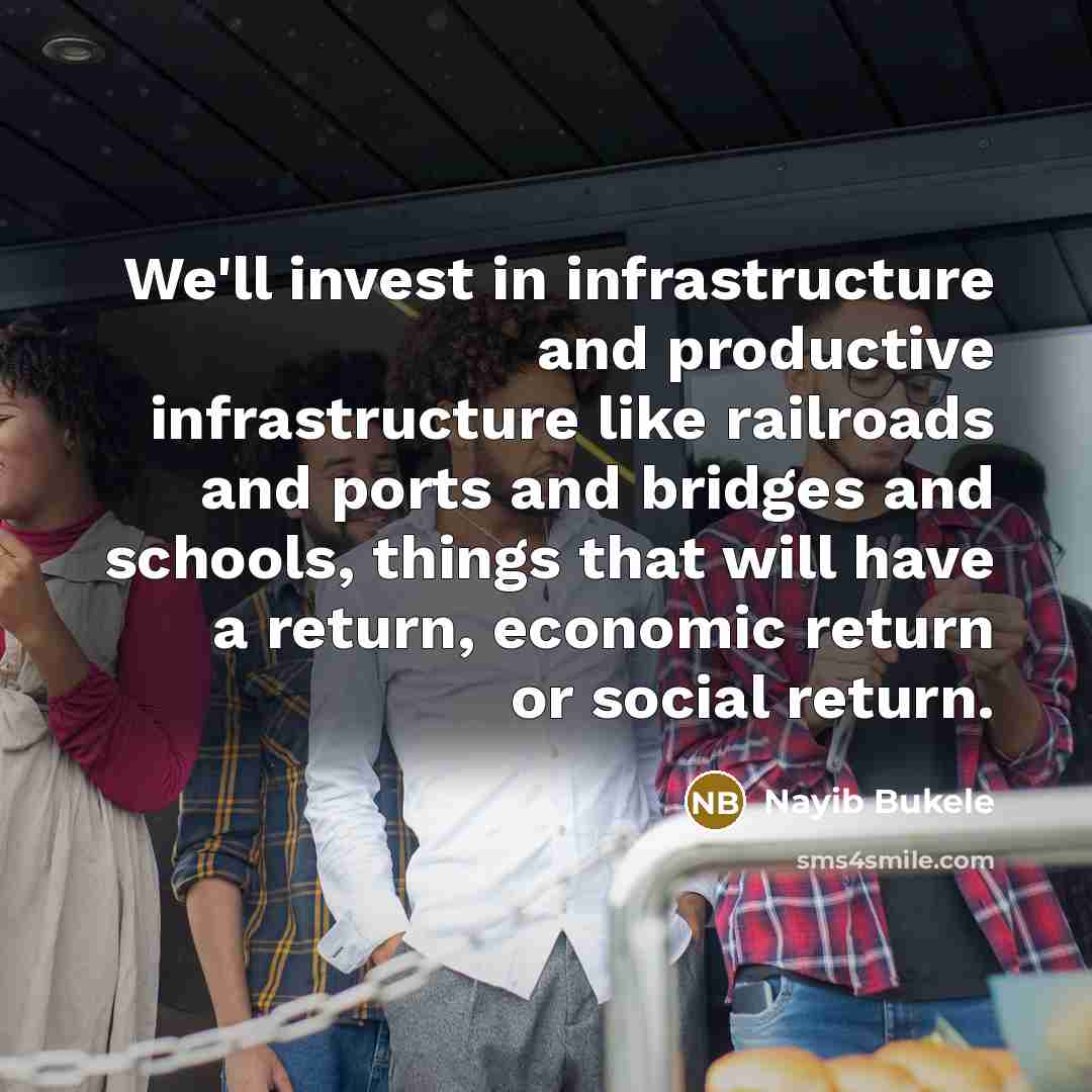 “We'll invest in infrastructure and productive infrastructure like railroads and ports and bridges and schools, things that will have a return, economic return or social return.” quote by Nayib Bukele