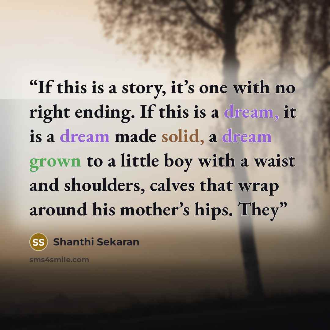 “If this is a story, it’s one with no right ending. If this is a dream, it is a dream made solid, a dream grown to a little boy with a waist and shoulders, calves that wrap around his mother’s hips. They” quote by Shanthi Sekaran