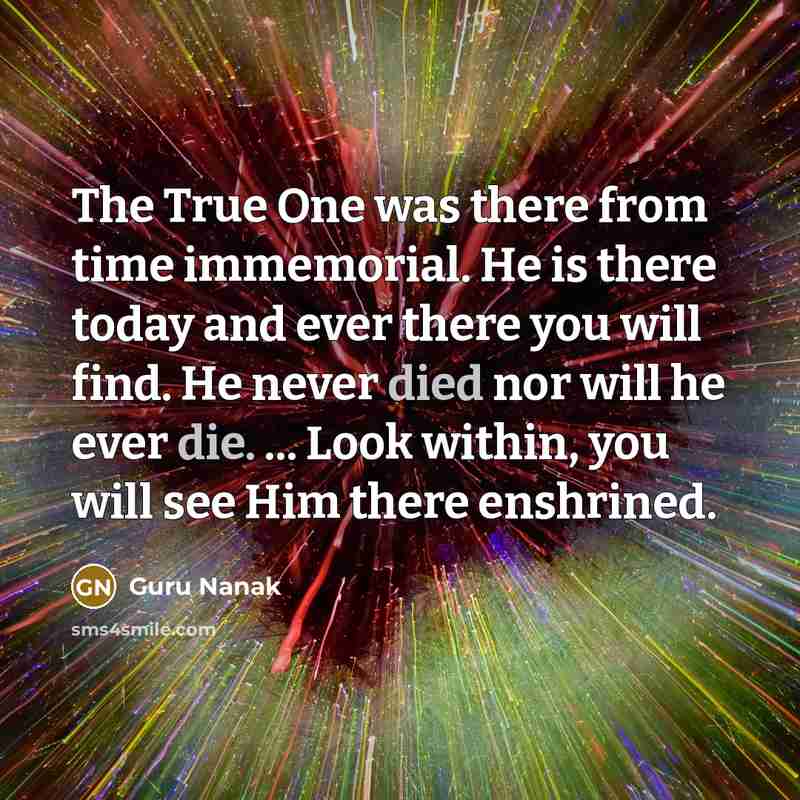 “The True One was there from time immemorial. He is there today and ever there you will find. He never died nor will he ever die. ... Look within, you will see Him there enshrined.” quote by Guru Nanak