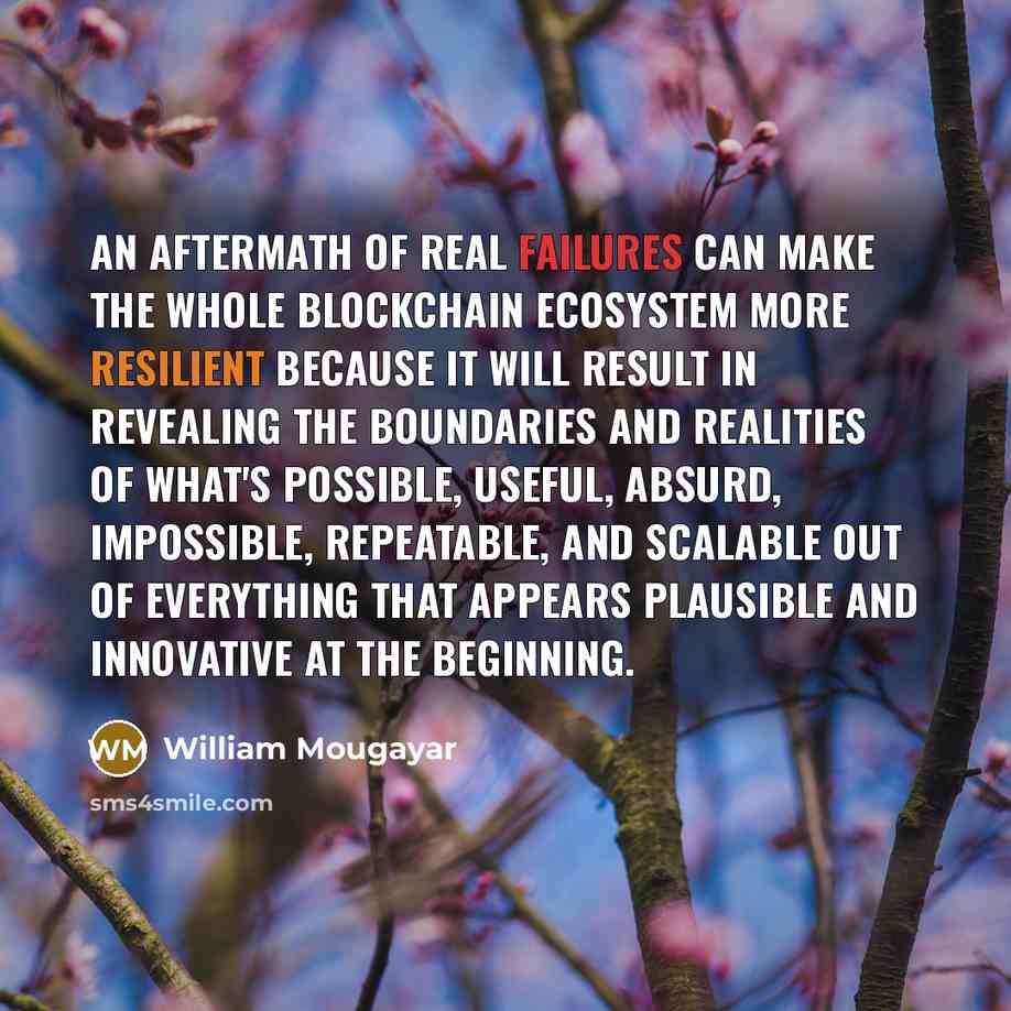 “An aftermath of real failures can make the whole blockchain ecosystem more resilient because it will result in revealing the boundaries and realities of what's possible, useful, absurd, impossible, repeatable, and scalable out of everything that appears plausible and innovative at the beginning.” quote by William Mougayar