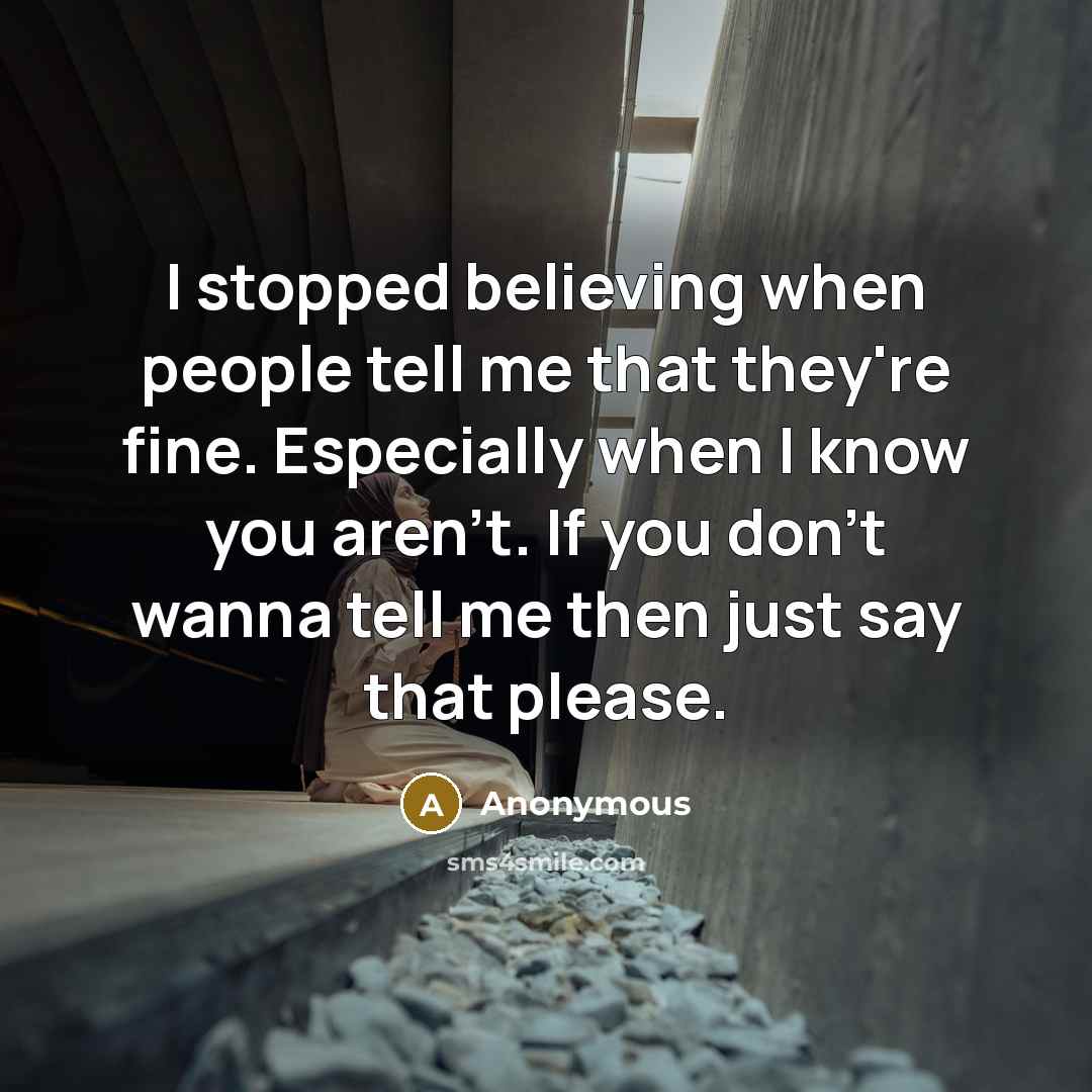 “I stopped believing when people tell me that they're fine. Especially when I know you aren't. If you don't wanna tell me then just say that please.” quote by Anonymous