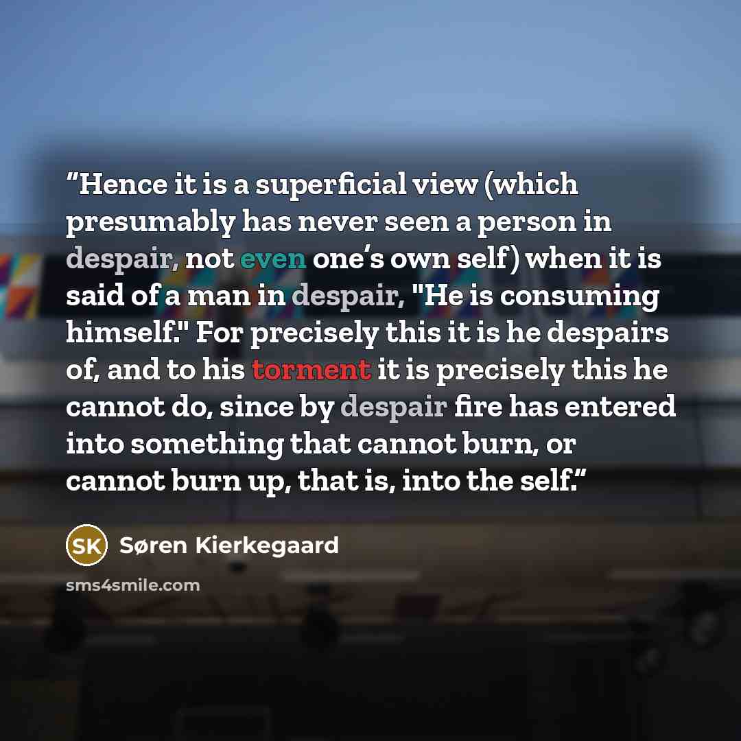 “Hence it is a superficial view (which presumably has never seen a person in despair, not even one’s own self) when it is said of a man in despair, "He is consuming himself." For precisely this it is he despairs of, and to his torment it is precisely this he cannot do, since by despair fire has…” quote by Søren Kierkegaard