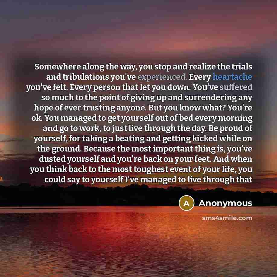 “Somewhere along the way, you stop and realize the trials and tribulations you've experienced. Every heartache you've felt. Every person that let you down. You've suffered so much to the point of giving up and surrendering any hope of ever trusting anyone. But you know what? You're ok. You managed…” quote by Anonymous