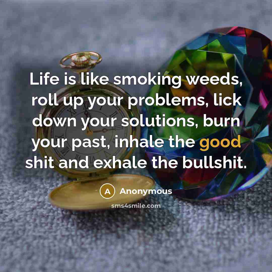 “Life is like smoking weeds, roll up your problems, lick down your solutions, burn your past, inhale the good shit and exhale the bullshit.” quote by Anonymous