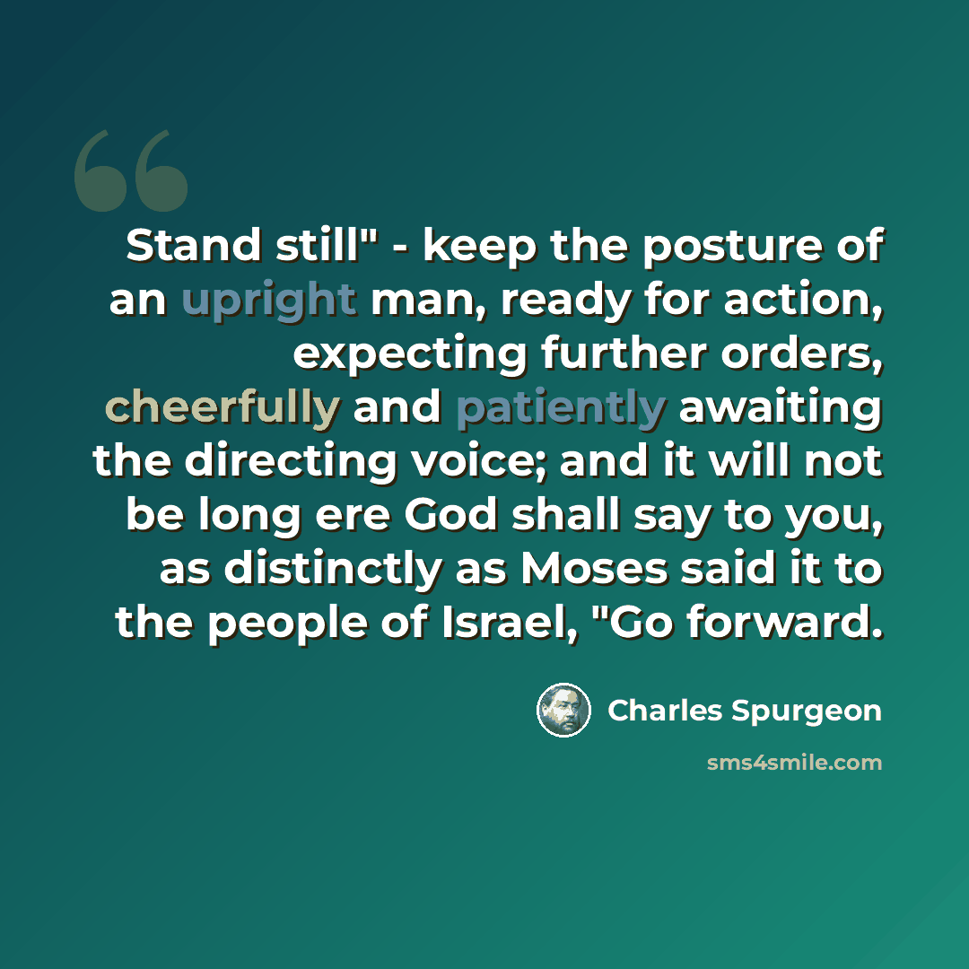 “Stand still" - keep the posture of an upright man, ready for action, expecting further orders, cheerfully and patiently awaiting the directing voice; and it will not be long ere God shall say to you, as distinctly as Moses said it to the people of Israel, "Go forward.” quote by Charles Spurgeon