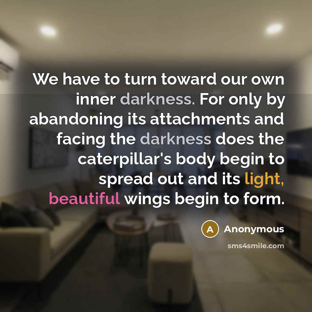 “We have to turn toward our own inner darkness. For only by abandoning its attachments and facing the darkness does the caterpillar's body begin to spread out and its light, beautiful wings begin to form.” quote by Anonymous
