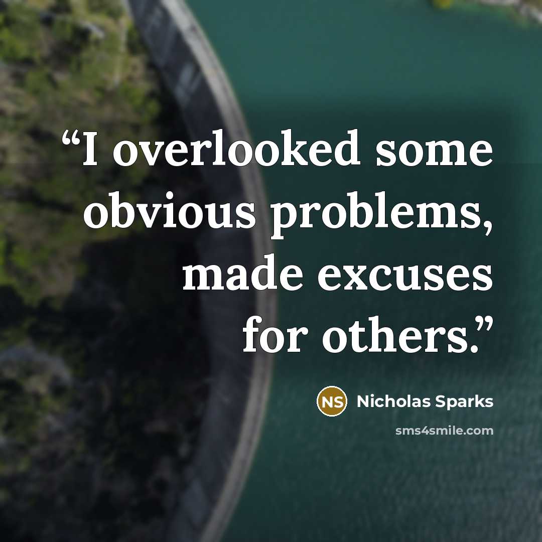 “I overlooked some obvious problems, made excuses for others.” quote by Nicholas Sparks