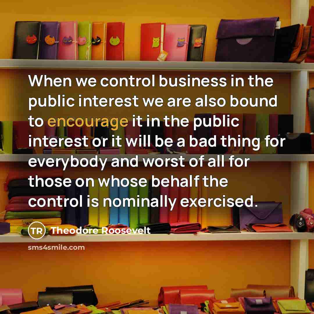 “When we control business in the public interest we are also bound to encourage it in the public interest or it will be a bad thing for everybody and worst of all for those on whose behalf the control is nominally exercised.” quote by Theodore Roosevelt