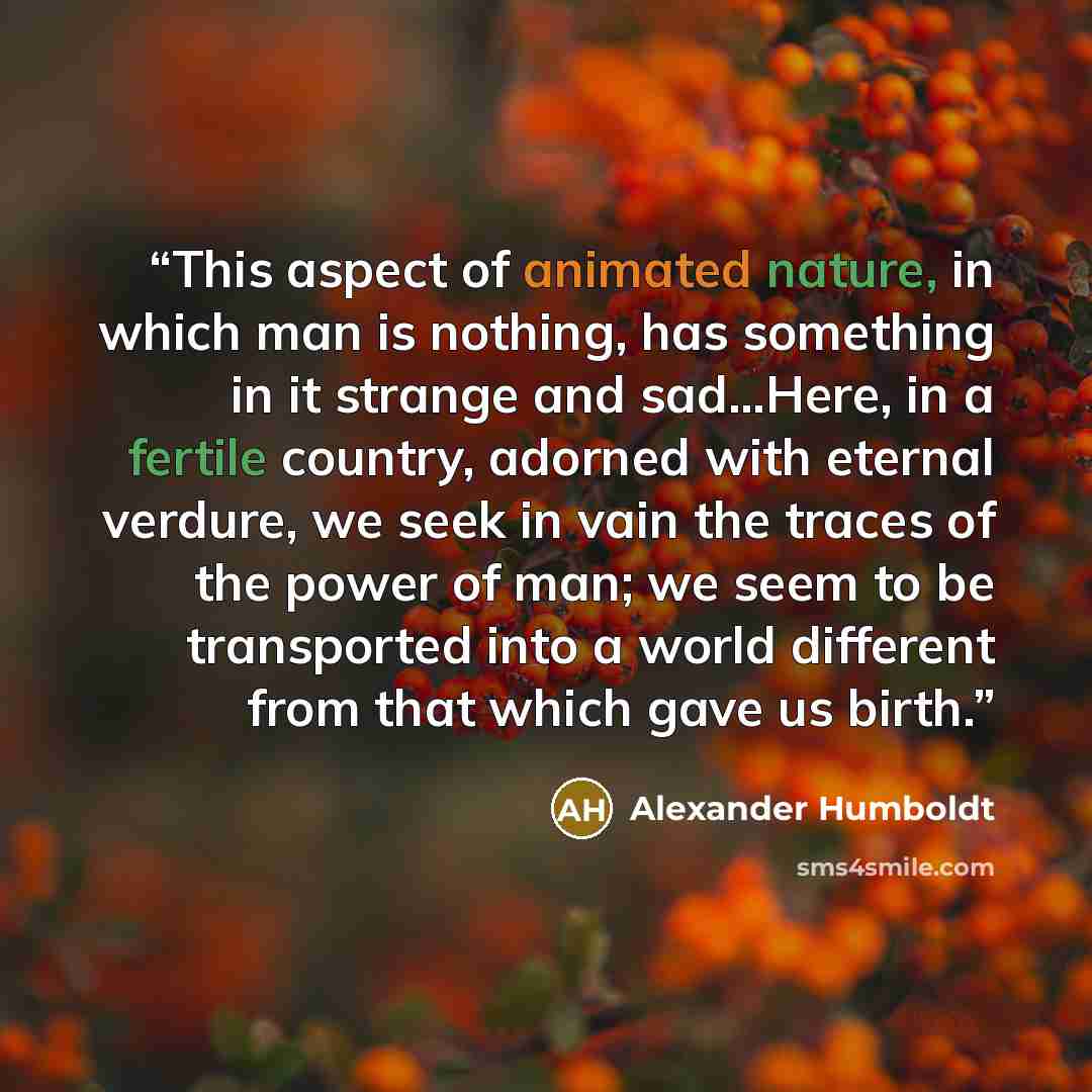 “This aspect of animated nature, in which man is nothing, has something in it strange and sad…Here, in a fertile country, adorned with eternal verdure, we seek in vain the traces of the power of man; we seem to be transported into a world different from that which gave us birth.” quote by Alexander Humboldt