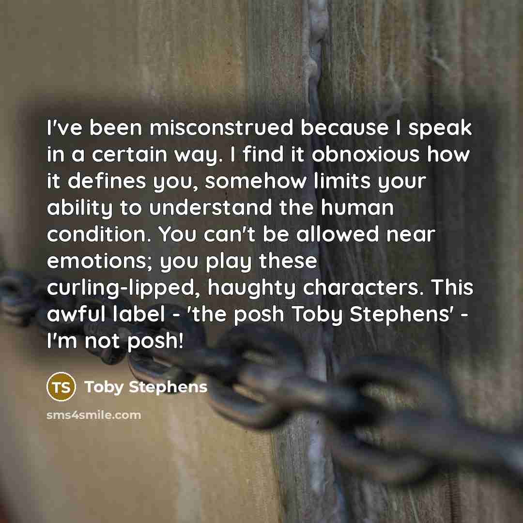 “I've been misconstrued because I speak in a certain way. I find it obnoxious how it defines you, somehow limits your ability to understand the human condition. You can't be allowed near emotions; you play these curling-lipped, haughty characters. This awful label - 'the posh Toby Stephens' - I'm…” quote by Toby Stephens