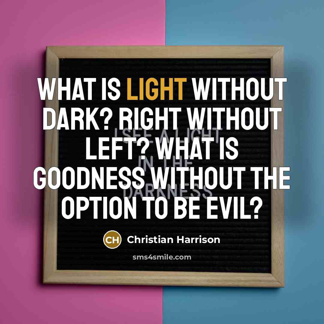 “What is light without dark? Right without left? What is goodness without the option to be evil?” quote by Christian Harrison