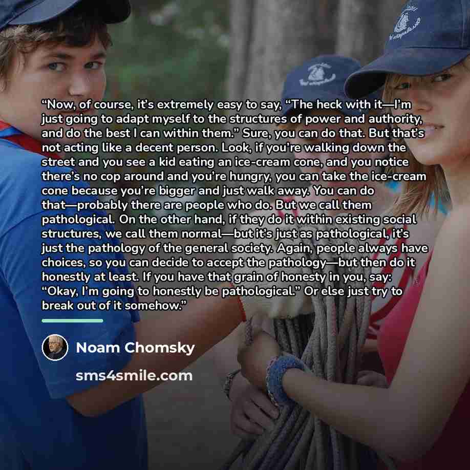 “Now, of course, it’s extremely easy to say, “The heck with it—I’m just going to adapt myself to the structures of power and authority, and do the best I can within them.” Sure, you can do that. But that’s not acting like a decent person. Look, if you’re walking down the street and you see a kid…” quote by Noam Chomsky