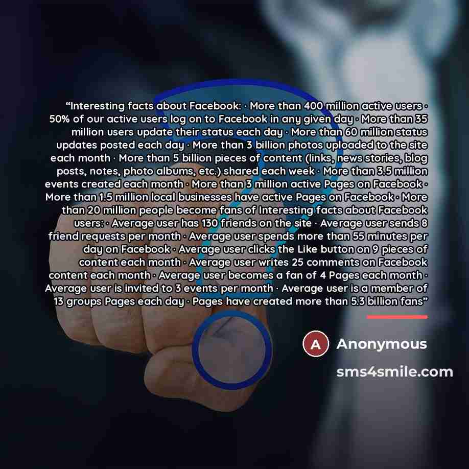 “Interesting facts about Facebook: · More than 400 million active users · 50% of our active users log on to Facebook in any given day · More than 35 million users update their status each day · More than 60 million status updates posted each day · More than 3 billion photos uploaded to the site…” quote by Anonymous