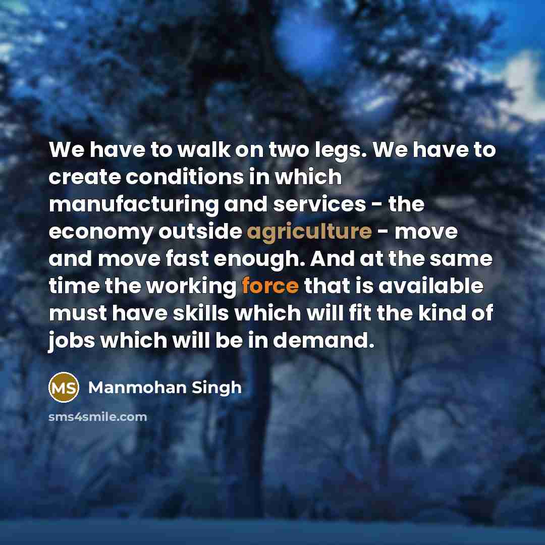 “We have to walk on two legs. We have to create conditions in which manufacturing and services - the economy outside agriculture - move and move fast enough. And at the same time the working force that is available must have skills which will fit the kind of jobs which will be in demand.” quote by Manmohan Singh