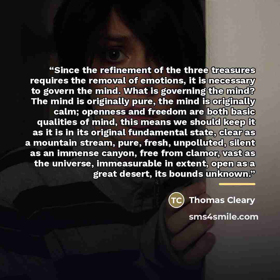 “Since the refinement of the three treasures requires the removal of emotions, it is necessary to govern the mind. What is governing the mind? The mind is originally pure, the mind is originally calm; openness and freedom are both basic qualities of mind, this means we should keep it as it is in…” quote by Thomas Cleary