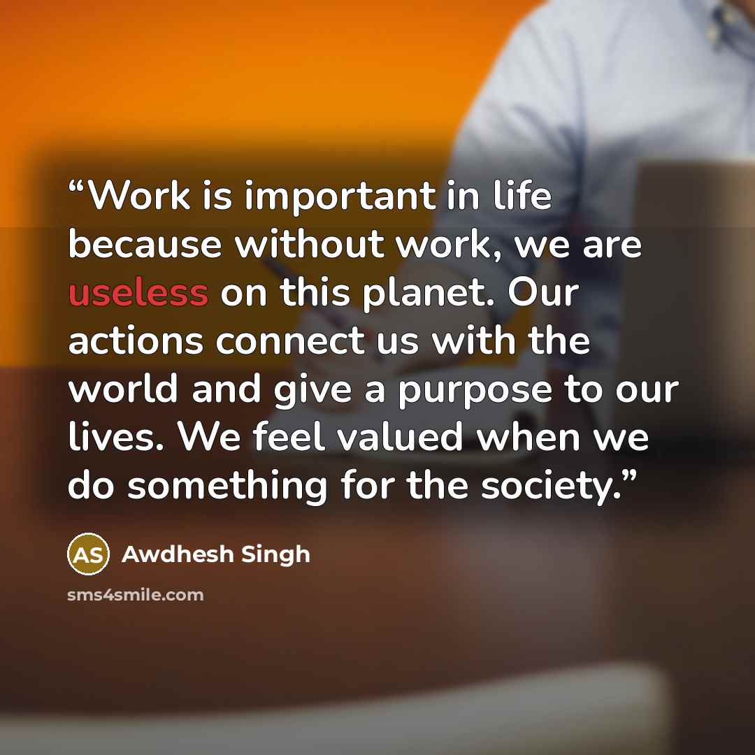 “Work is important in life because without work, we are useless on this planet. Our actions connect us with the world and give a purpose to our lives. We feel valued when we do something for the society.” quote by Awdhesh Singh