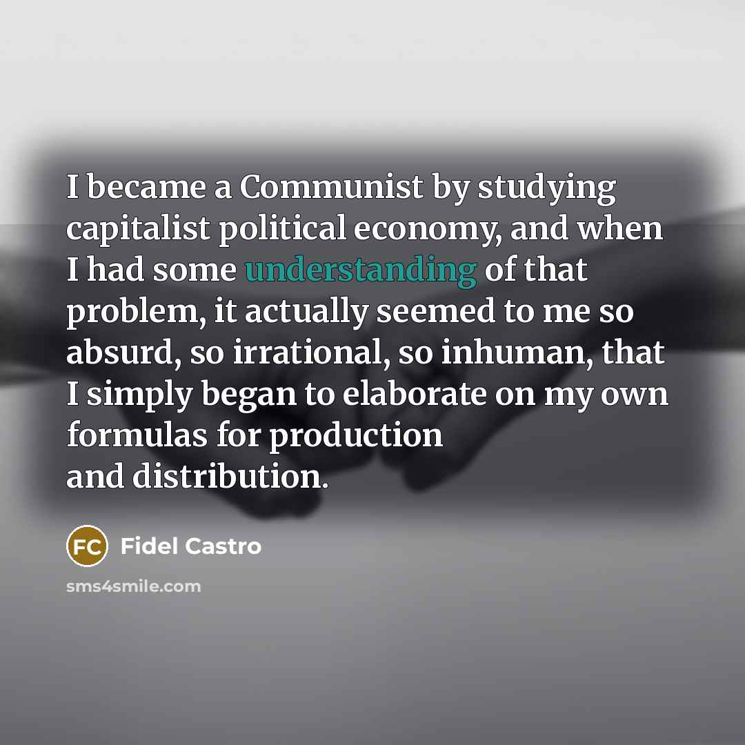 “I became a Communist by studying capitalist political economy, and when I had some understanding of that problem, it actually seemed to me so absurd, so irrational, so inhuman, that I simply began to elaborate on my own formulas for production and distribution.” quote by Fidel Castro
