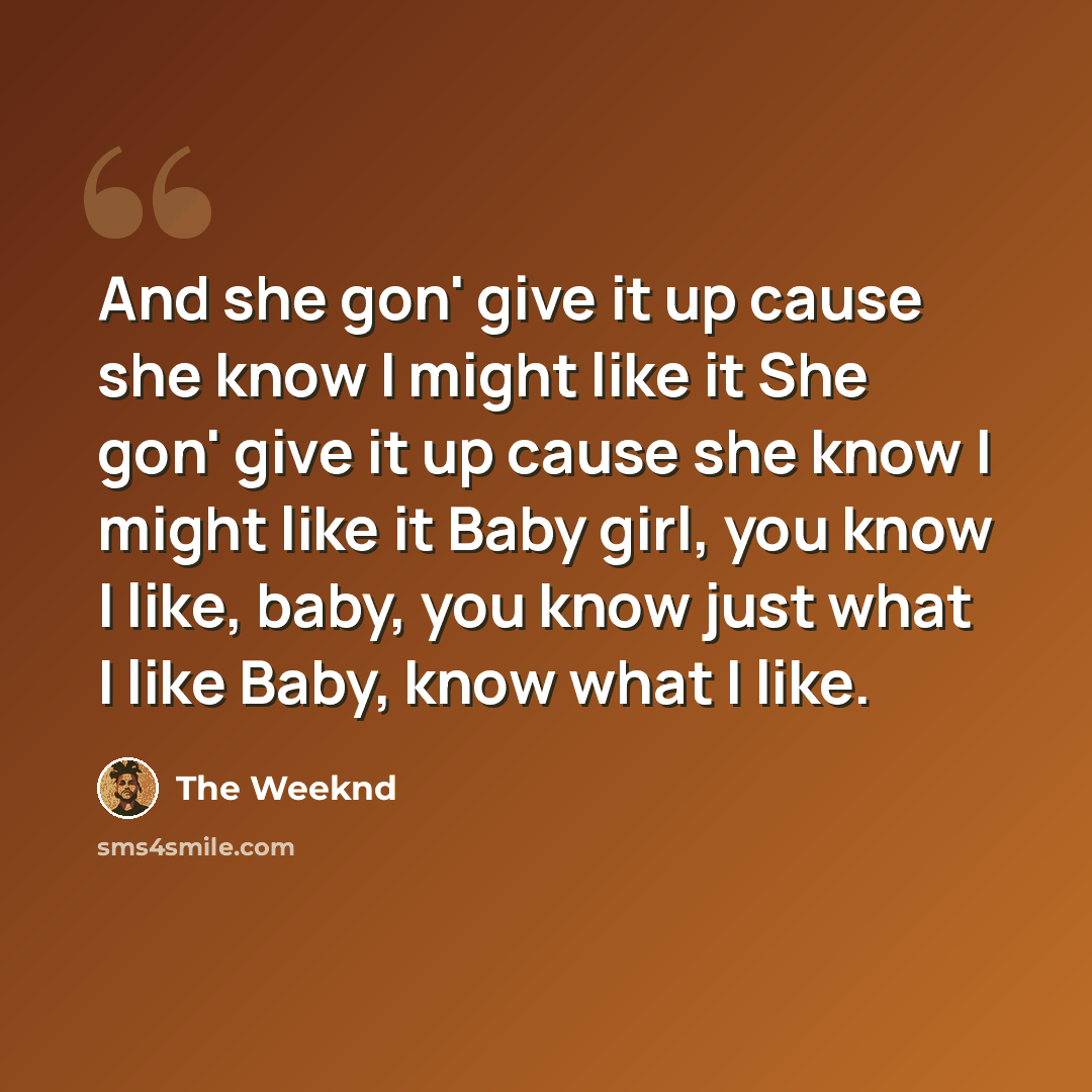 “And she gon' give it up cause she know I might like it She gon' give it up cause she know I might like it Baby girl, you know I like, baby, you know just what I like Baby, know what I like.” quote by The Weeknd