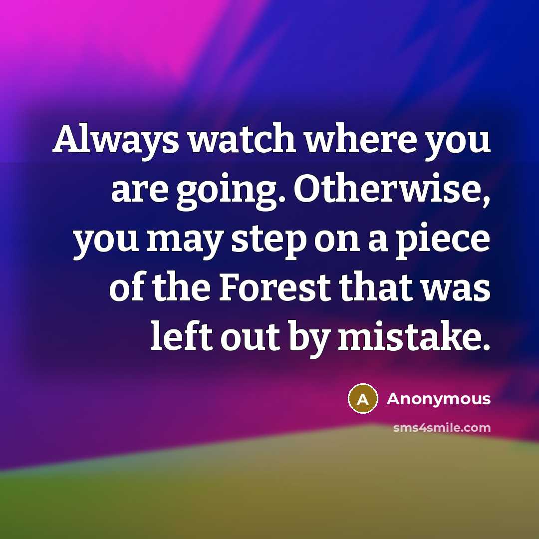 “Always watch where you are going. Otherwise, you may step on a piece of the Forest that was left out by mistake.” quote by Anonymous