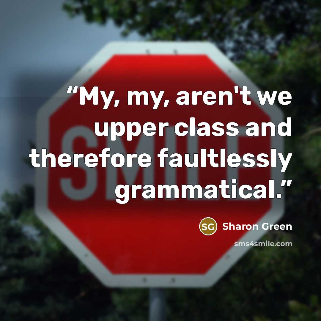 “My, my, aren't we upper class and therefore faultlessly grammatical.” quote by Sharon Green