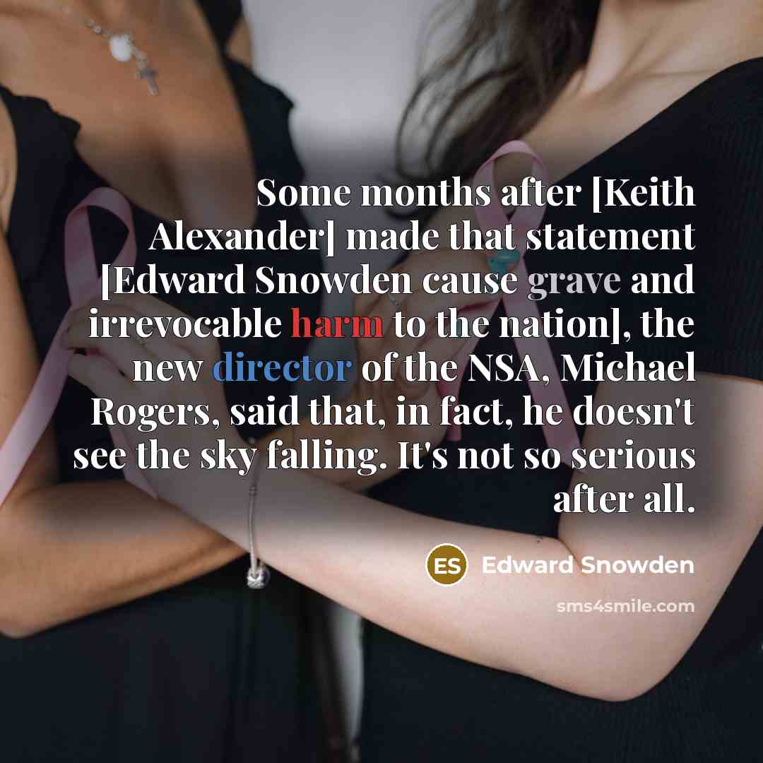 “Some months after [Keith Alexander] made that statement [Edward Snowden cause grave and irrevocable harm to the nation], the new director of the NSA, Michael Rogers, said that, in fact, he doesn't see the sky falling. It's not so serious after all.” quote by Edward Snowden