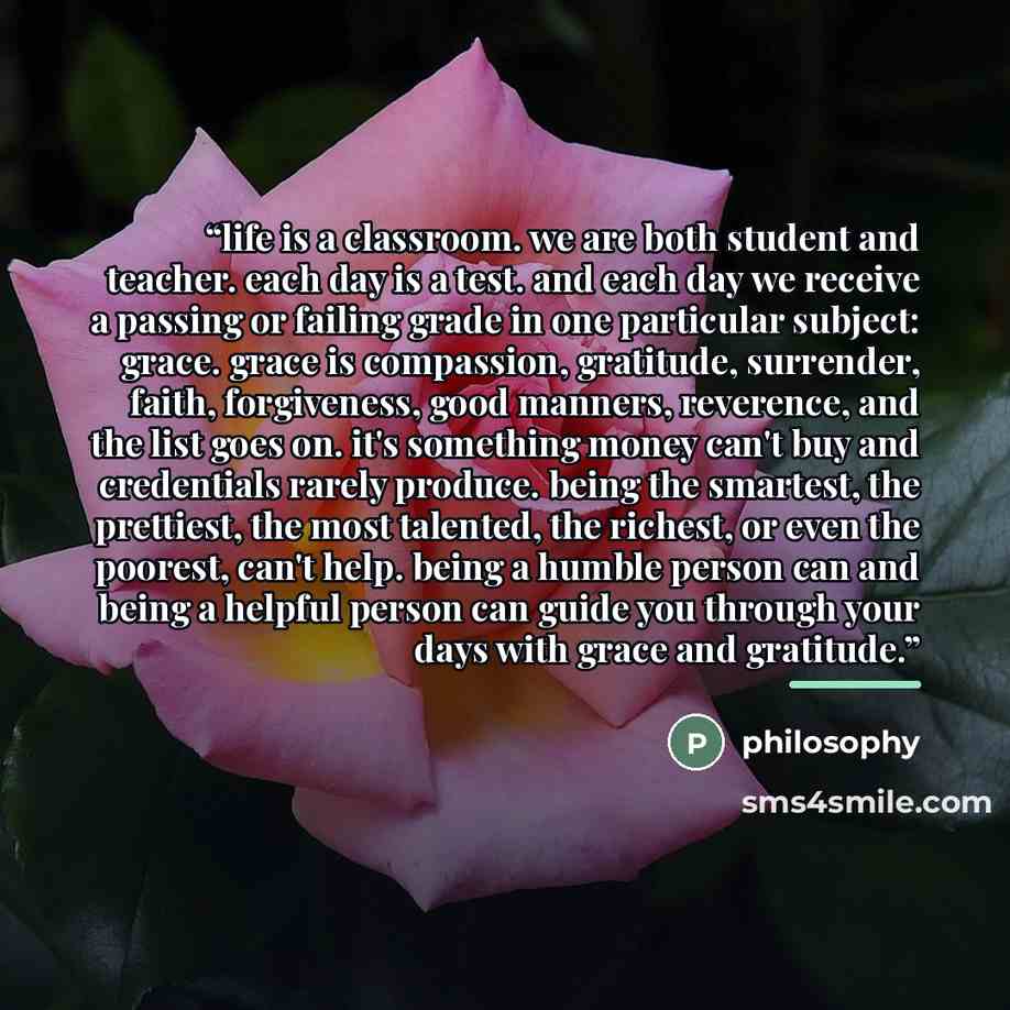 “life is a classroom. we are both student and teacher. each day is a test. and each day we receive a passing or failing grade in one particular subject: grace. grace is compassion, gratitude, surrender, faith, forgiveness, good manners, reverence, and the list goes on. it's something money can't…” quote by Philosophy