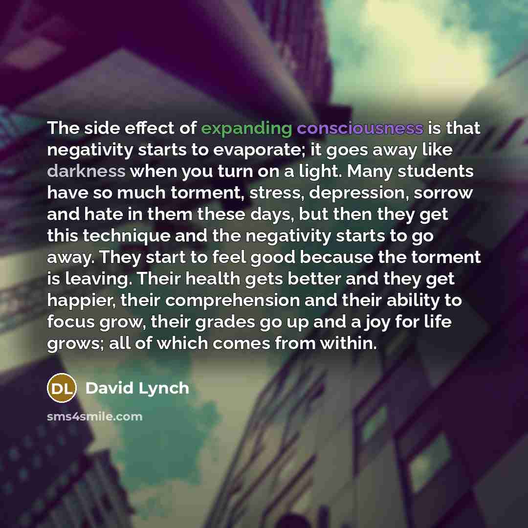 “The side effect of expanding consciousness is that negativity starts to evaporate; it goes away like darkness when you turn on a light. Many students have so much torment, stress, depression, sorrow and hate in them these days, but then they get this technique and the negativity starts to go away…” quote by David Lynch