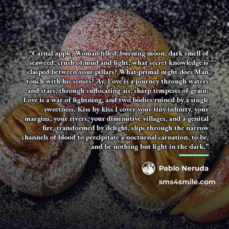 “Carnal apple, Woman filled, burning moon, dark smell of seaweed, crush of mud and light, what secret knowledge is clasped between your pillars? What primal night does Man touch with his senses? Ay, Love is a journey through waters and stars, through suffocating air, sharp tempests of grain: Love…” quote by Pablo Neruda