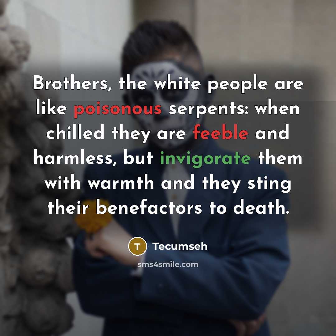 “Brothers, the white people are like poisonous serpents: when chilled they are feeble and harmless, but invigorate them with warmth and they sting their benefactors to death.” quote by Tecumseh