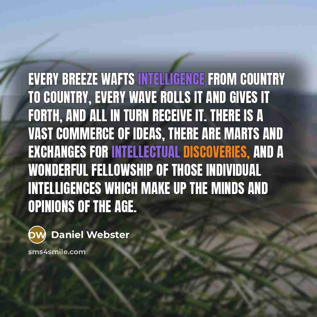 “Every breeze wafts intelligence from country to country, every wave rolls it and gives it forth, and all in turn receive it. There is a vast commerce of ideas, there are marts and exchanges for intellectual discoveries, and a wonderful fellowship of those individual intelligences which make up the…” quote by Daniel Webster
