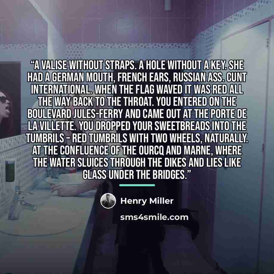 “A valise without straps. A hole without a key. She had a German mouth, French ears, Russian ass. Cunt international. When the flag waved it was red all the way back to the throat. You entered on the Boulevard Jules-Ferry and came out at the Porte de la Villette. You dropped your sweetbreads into…” quote by Henry Miller