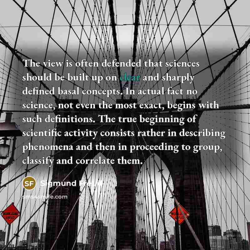 “The view is often defended that sciences should be built up on clear and sharply defined basal concepts. In actual fact no science, not even the most exact, begins with such definitions. The true beginning of scientific activity consists rather in describing phenomena and then in proceeding to…” quote by Sigmund Freud