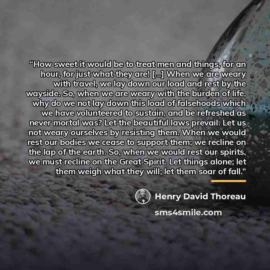 “How sweet it would be to treat men and things, for an hour, for just what they are! [...] When we are weary with travel, we lay down our load and rest by the wayside. So, when we are weary with the burden of life, why do we not lay down this load of falsehoods which we have volunteered to sustain…” quote by Henry David Thoreau