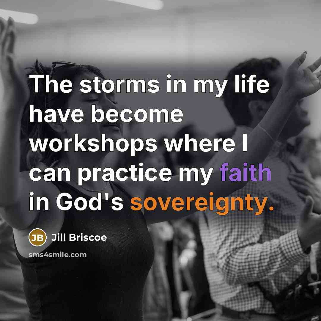“The storms in my life have become workshops where I can practice my faith in God's sovereignty.” quote by Jill Briscoe