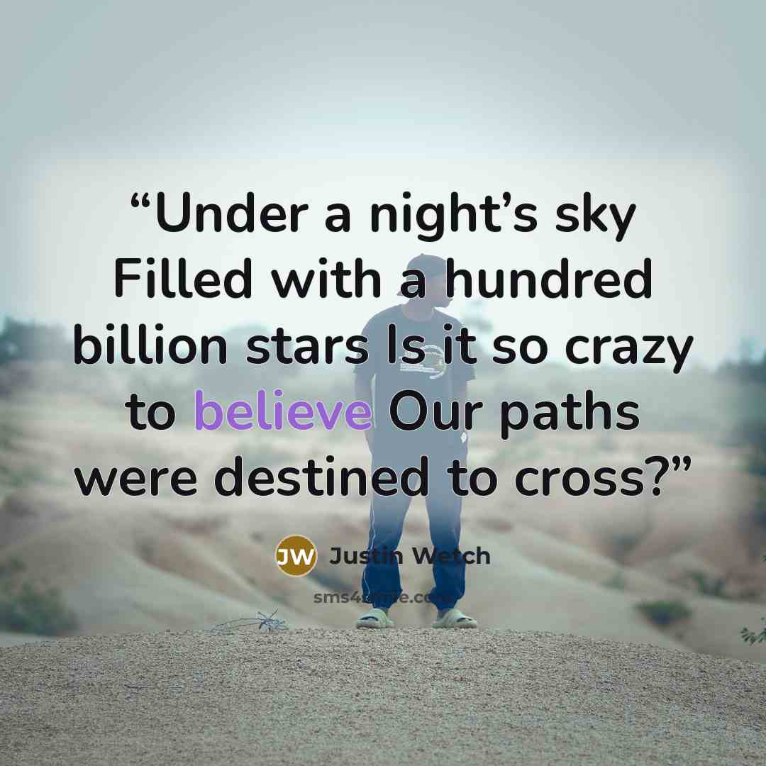 “Under a night’s sky Filled with a hundred billion stars Is it so crazy to believe Our paths were destined to cross?” quote by Justin Wetch