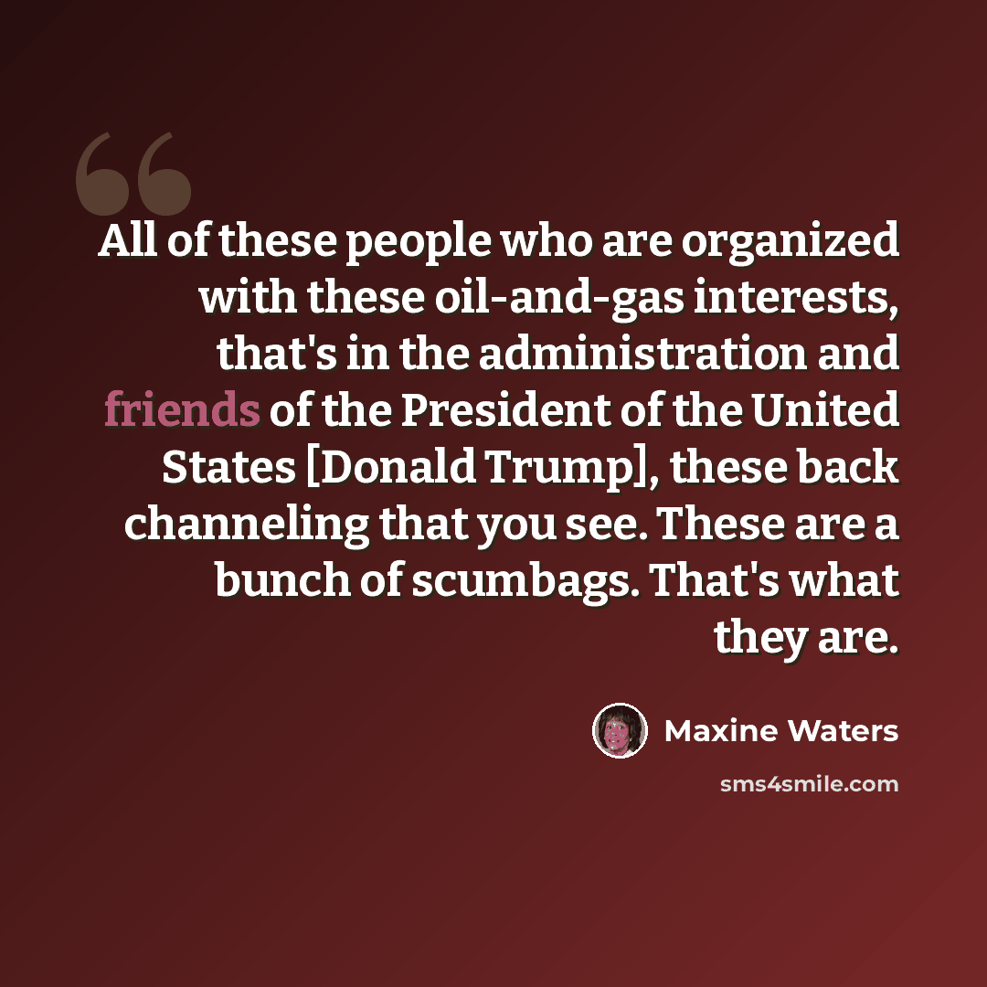 “All of these people who are organized with these oil-and-gas interests, that's in the administration and friends of the President of the United States [Donald Trump], these back channeling that you see. These are a bunch of scumbags. That's what they are.” quote by Maxine Waters