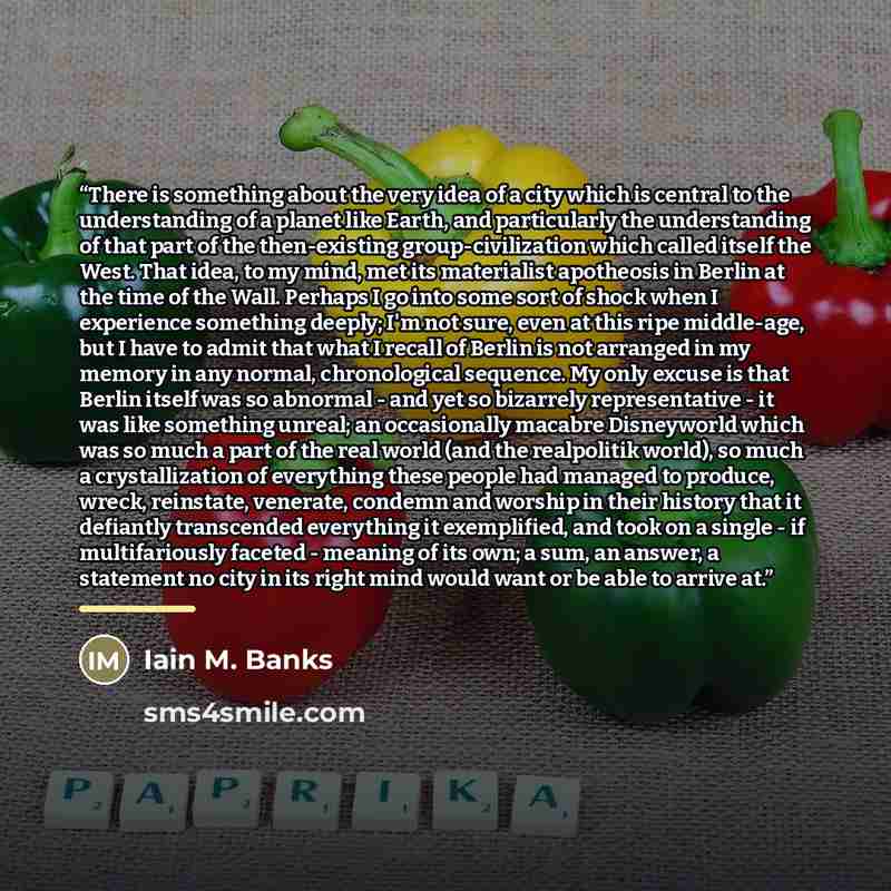 “There is something about the very idea of a city which is central to the understanding of a planet like Earth, and particularly the understanding of that part of the then-existing group-civilization which called itself the West. That idea, to my mind, met its materialist apotheosis in Berlin at…” quote by Iain M. Banks