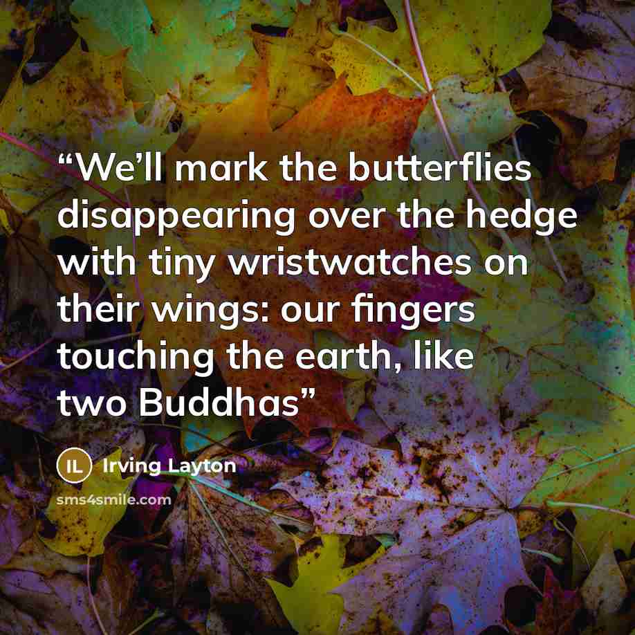 “We’ll mark the butterflies disappearing over the hedge with tiny wristwatches on their wings: our fingers touching the earth, like two Buddhas” quote by Irving Layton