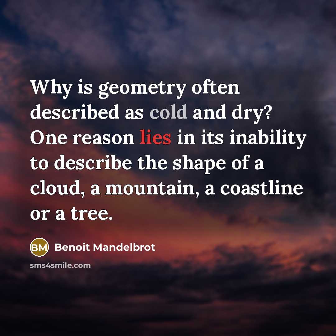 “Why is geometry often described as cold and dry? One reason lies in its inability to describe the shape of a cloud, a mountain, a coastline or a tree.” quote by Benoit Mandelbrot